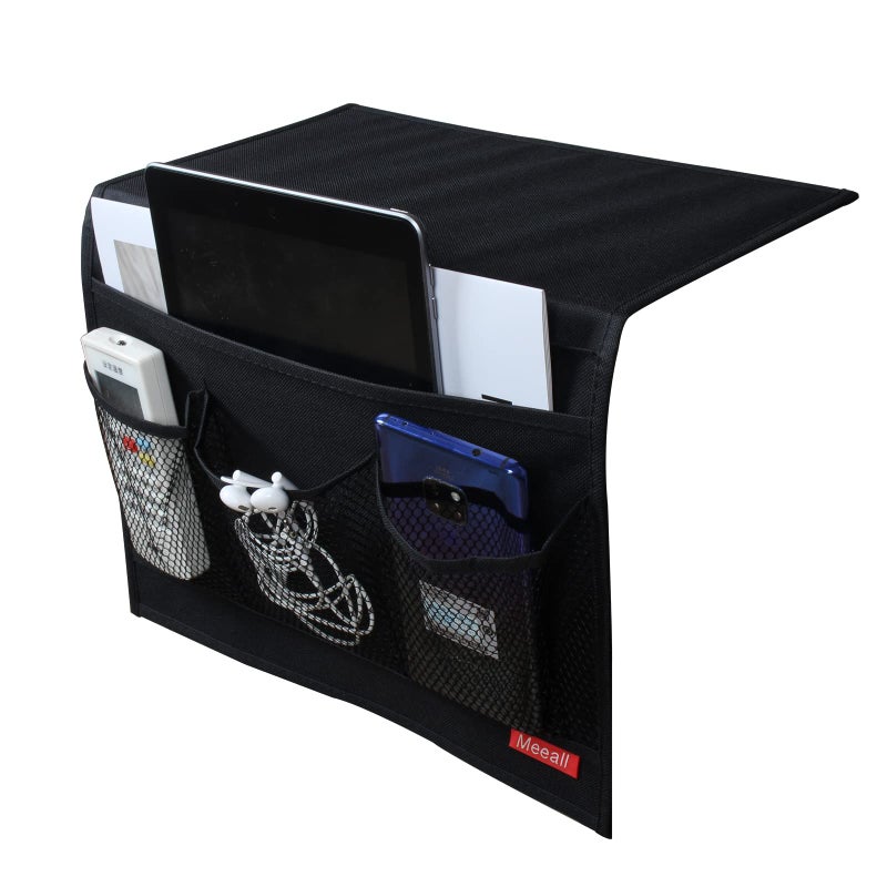 Meeall Bedside Caddy 4 Pockets Bedside Organizer Caddy Fit Tablet Magazine Phone Glasses, Under Mattress Remote Control Holder Storage Organizer, Black - Image 1